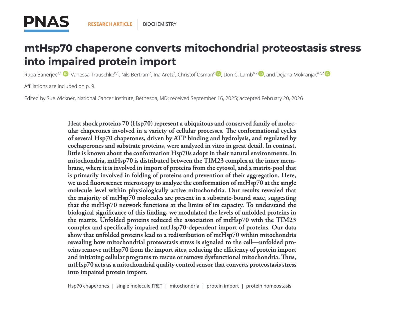 Title and abstract of the publication by the Mokranjac Lab by Banerjee et al
